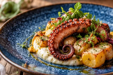 Poulpe grillé, purée et pommes de terre rôties, dans une assiette bleue (photo d’illustration).