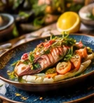Filet de poisson grillé et légumes, avec un quartier de citron.